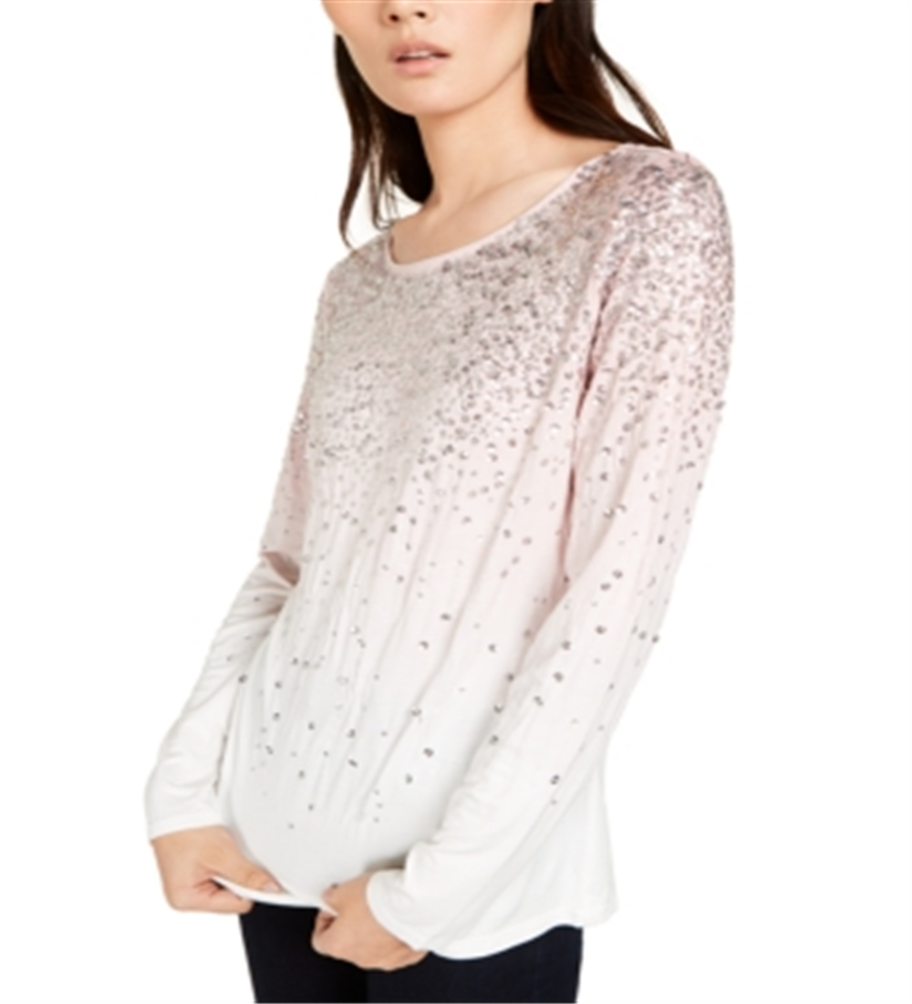 INC International Concepts Women's Sequin Long Sleeve Top Pink Size Petite L