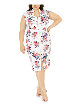 CRAVE FAME Women's Floral Cap Sleeve V Neck Below the Knee Sheath Dress Ivory Combo Size 2X