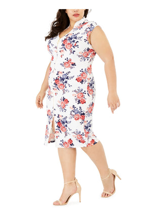 CRAVE FAME Women's Floral Cap Sleeve V Neck Below the Knee Sheath Dress Ivory Combo Size 2X