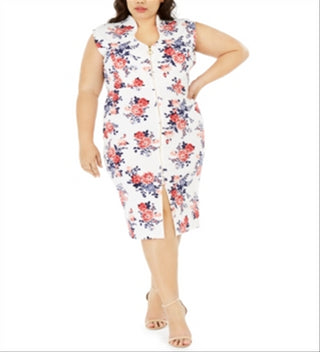 CRAVE FAME Women's Floral Cap Sleeve V Neck Below the Knee Sheath Dress Ivory Combo Size 2X