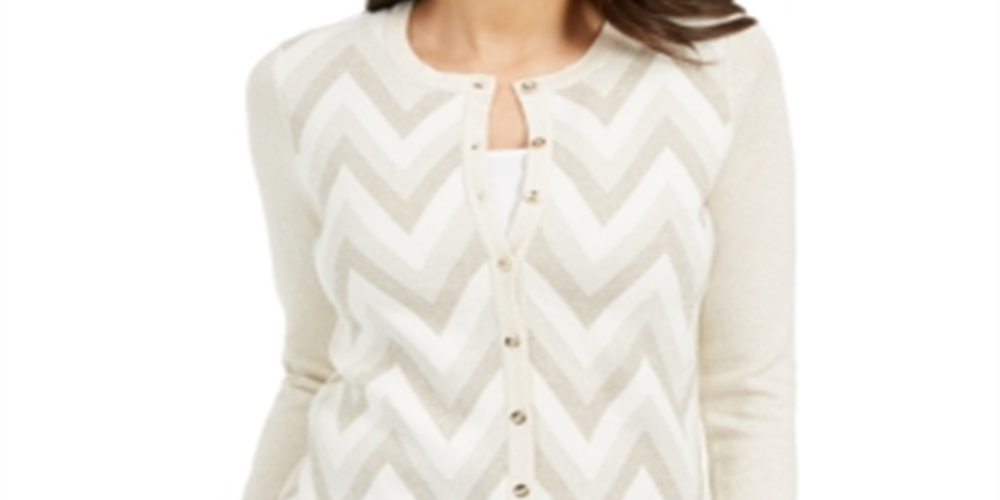 Charter Club Women's Petite Chevron-Print Metallic-Threaded Cardigan Cloud Combo White Size Petite S
