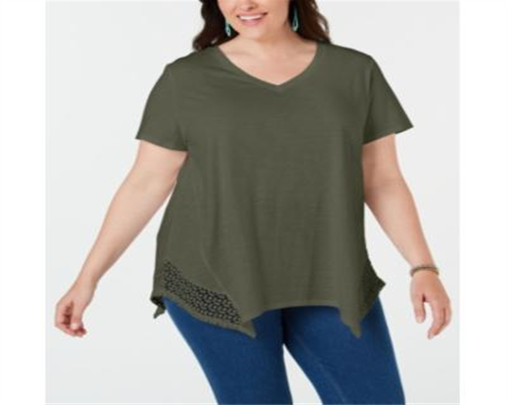 Style & Co Women's Plus Crochet Trim Asymmetric T-Shirt Green Size 2X