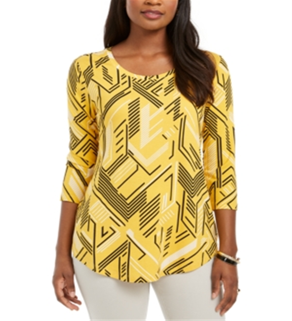 JM Collection Women's Printed 3/4-Sleeve Scoop-Neck Top  Yellow Size S