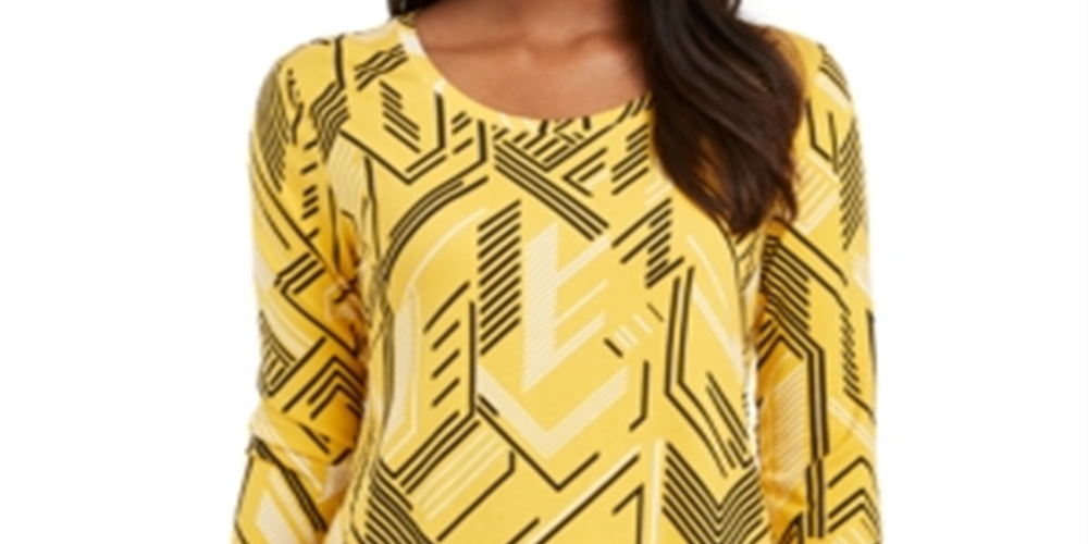 JM Collection Women's Printed 3/4-Sleeve Scoop-Neck Top  Yellow Size S