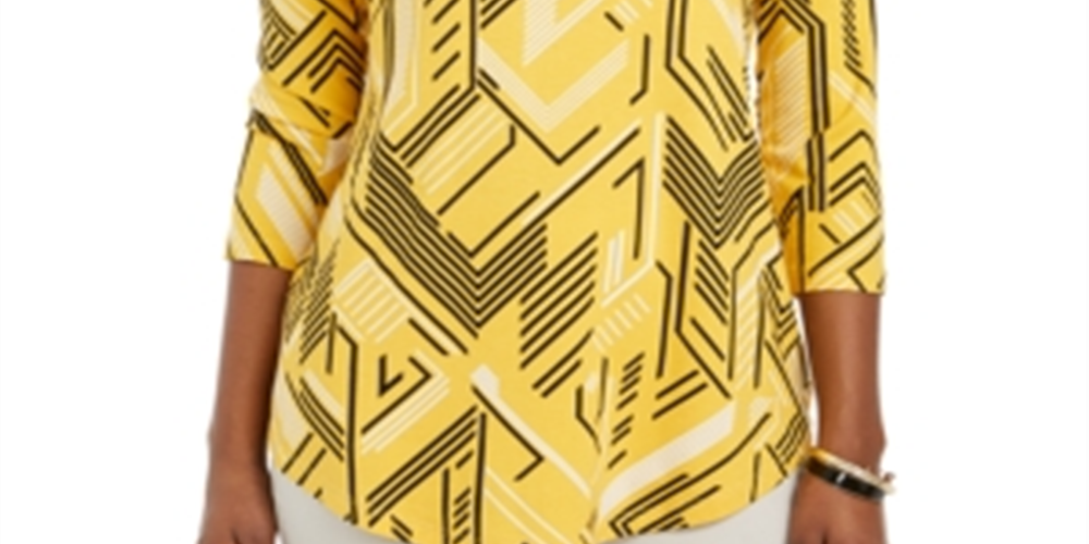 JM Collection Women's Printed 3/4-Sleeve Scoop-Neck Top  Yellow Size S