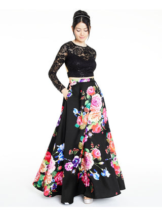 B DARLIN Women's Floral Long Sleeve Full-Length Formal Dress Black Size 13/14