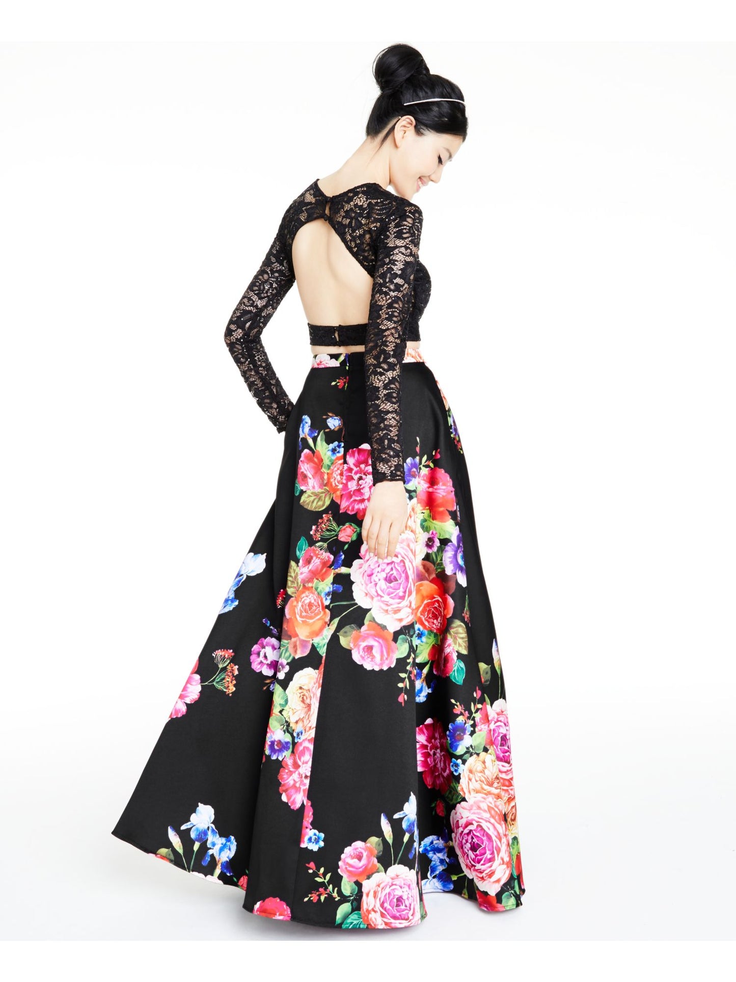 B DARLIN Women's Floral Long Sleeve Full-Length Formal Dress Black Size 13/14