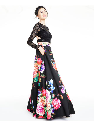 B DARLIN Women's Floral Long Sleeve Full-Length Formal Dress Black Size 13/14