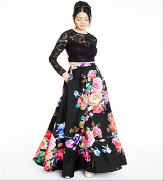 B DARLIN Women's Floral Long Sleeve Full-Length Formal Dress Black Size 13/14