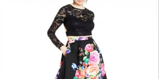 B DARLIN Women's Floral Long Sleeve Full-Length Formal Dress Black Size 13/14