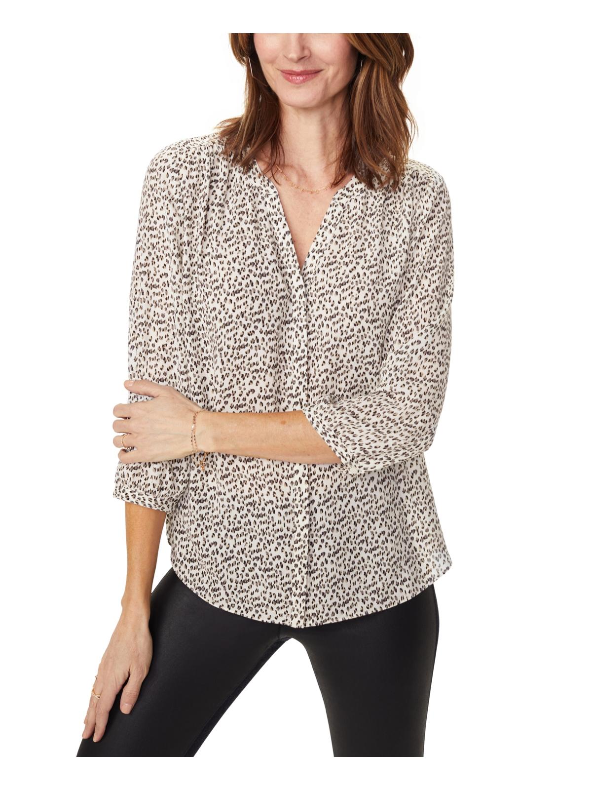 NYDJ Women's Pintuck Chiffon Pleated Button-Down Top Brown Size XS