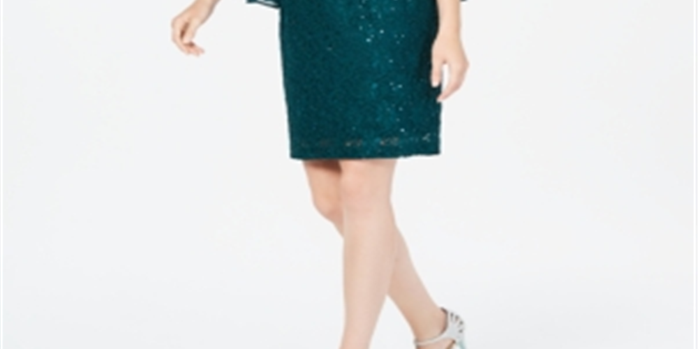 Connected Women's Sequined Lace Capelet Dress Green Size 8 -