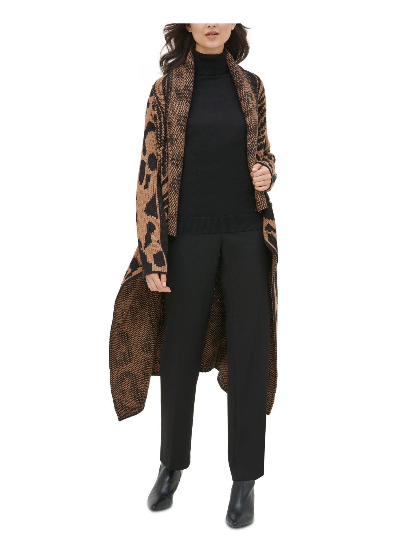 Calvin Klein Women's  Wing Collared Animal Print Long Sleeve Open Cardigan Sweater Brown Size XL