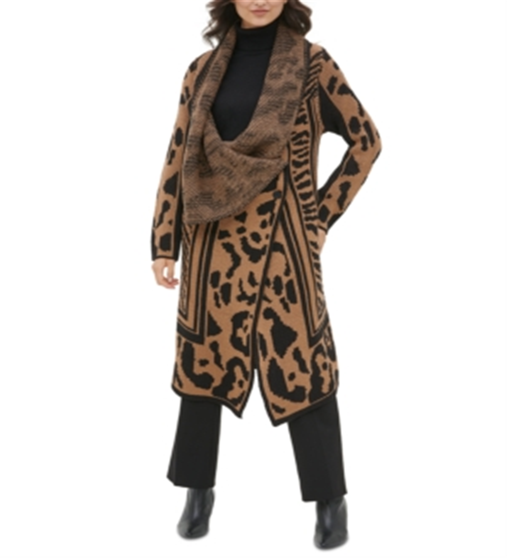 Calvin Klein Women's  Wing Collared Animal Print Long Sleeve Open Cardigan Sweater Brown Size XL