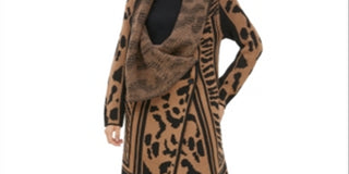 Calvin Klein Women's  Wing Collared Animal Print Long Sleeve Open Cardigan Sweater Brown Size XL