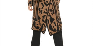 Calvin Klein Women's  Wing Collared Animal Print Long Sleeve Open Cardigan Sweater Brown Size XL