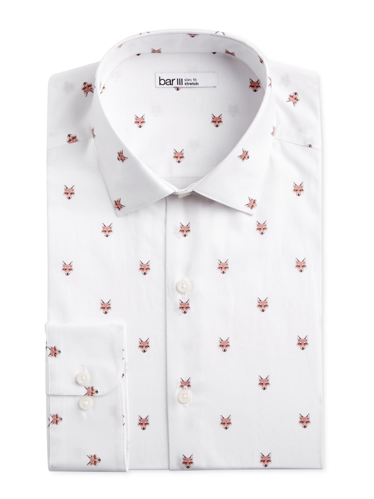 Bar IIII Men's Slim Fit Stretch Fox Head Print Dress Shirt White Size XL
