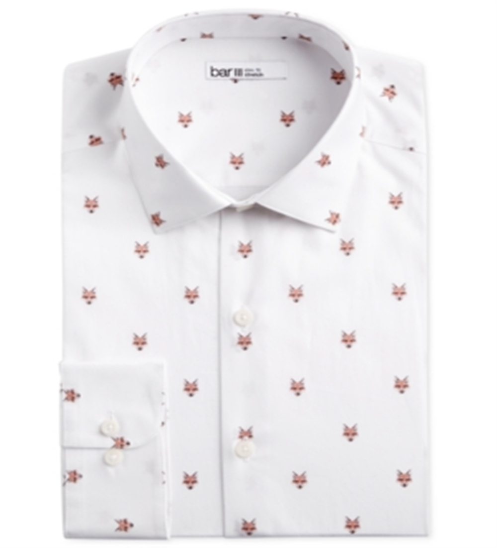 Bar IIII Men's Slim Fit Stretch Fox Head Print Dress Shirt White Size XL