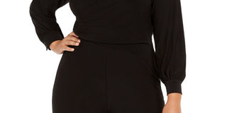 ADRIANNA PAPELL Women's Long Sleeve Wide Leg Evening Jumpsuit Plus Black Size 24W