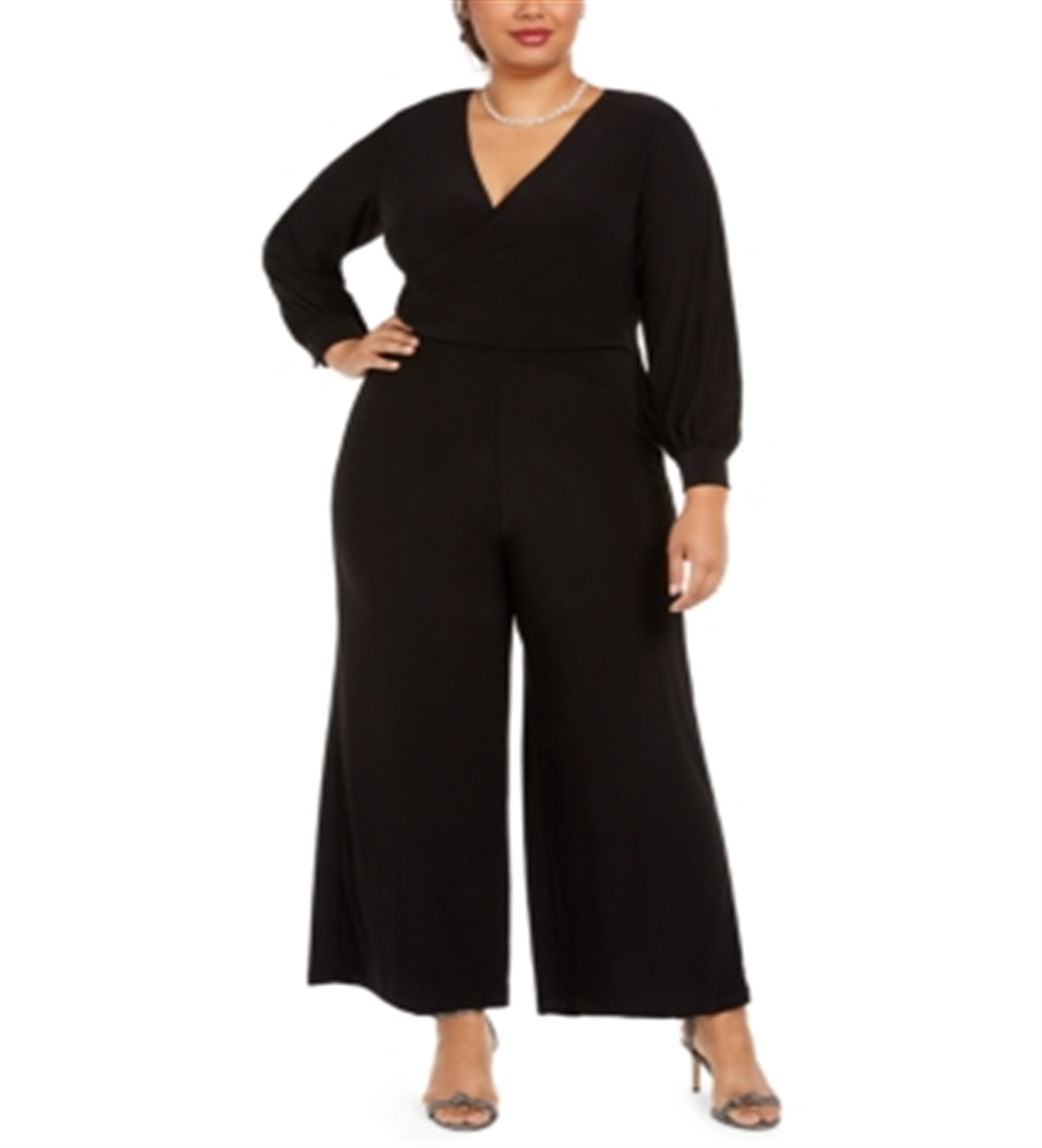 ADRIANNA PAPELL Women's Long Sleeve Wide Leg Evening Jumpsuit Plus Black Size 24W