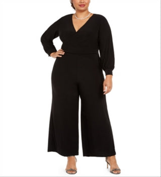ADRIANNA PAPELL Women's Long Sleeve Wide Leg Evening Jumpsuit Plus Black Size 24W