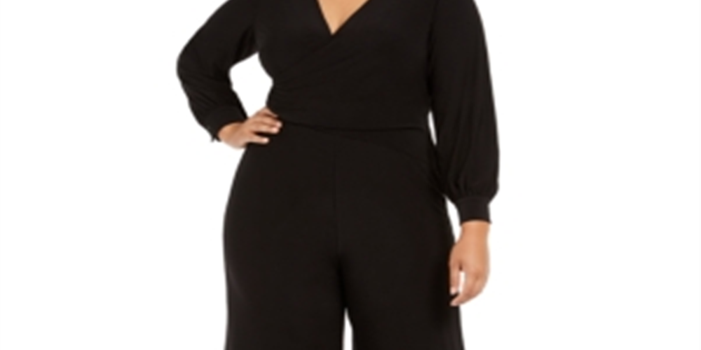 ADRIANNA PAPELL Women's Long Sleeve Wide Leg Evening Jumpsuit Plus Black Size 24W