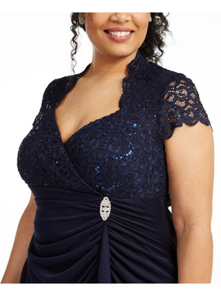 Betsy Adam Women's Embellished Lace Short Sleeve Queen Anne Neckline Knee Length Sheath Evening Dress Size  Navy Size 18W