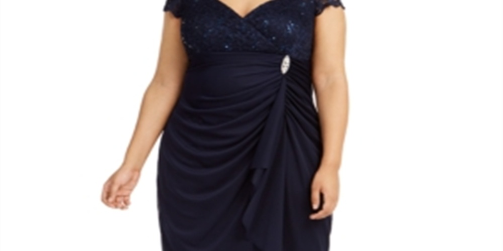 Betsy Adam Women's Embellished Lace Short Sleeve Queen Anne Neckline Knee Length Sheath Evening Dress Size  Navy Size 18W