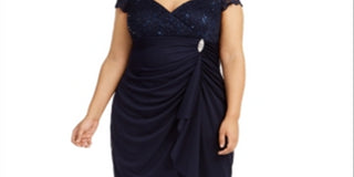 Betsy Adam Women's Embellished Lace Short Sleeve Queen Anne Neckline Knee Length Sheath Evening Dress Size  Navy Size 18W