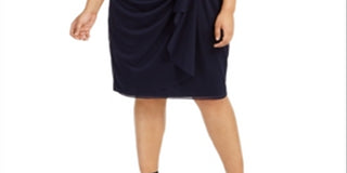 Betsy Adam Women's Embellished Lace Short Sleeve Queen Anne Neckline Knee Length Sheath Evening Dress Size  Navy Size 18W