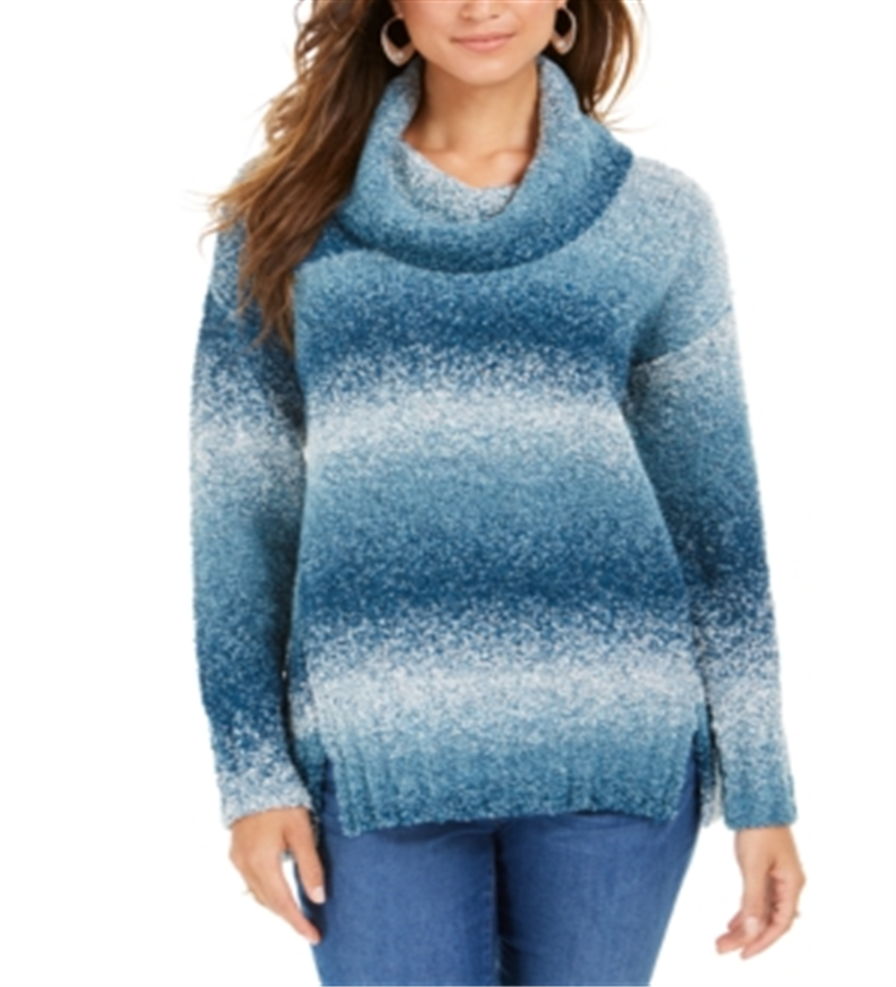 Style & Co Women's Color Block Long Sleeve Turtle Neck T-Shirt Sweater Teal Size Petite Petite