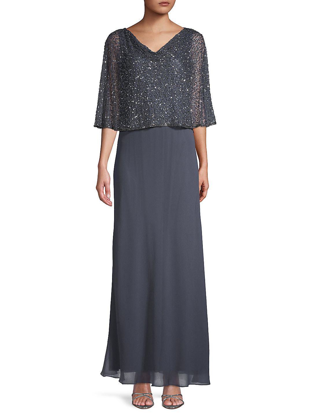 J Kara Women's Sequined Capelet Gown Gray Size 14