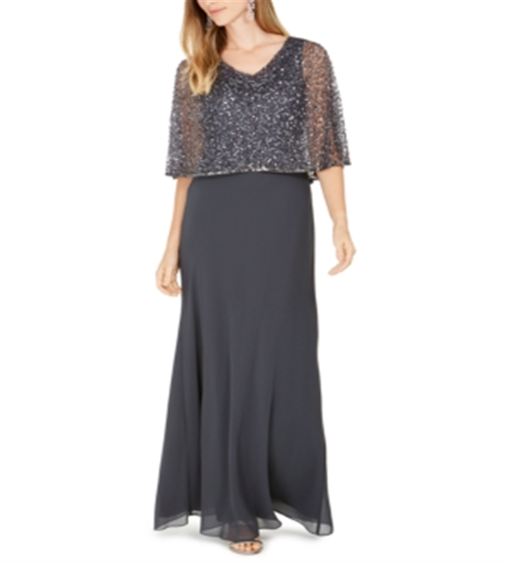 J Kara Women's Sequined Capelet Gown Gray Size 14