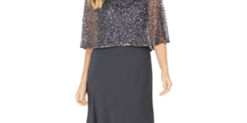 J Kara Women's Sequined Capelet Gown Gray Size 14