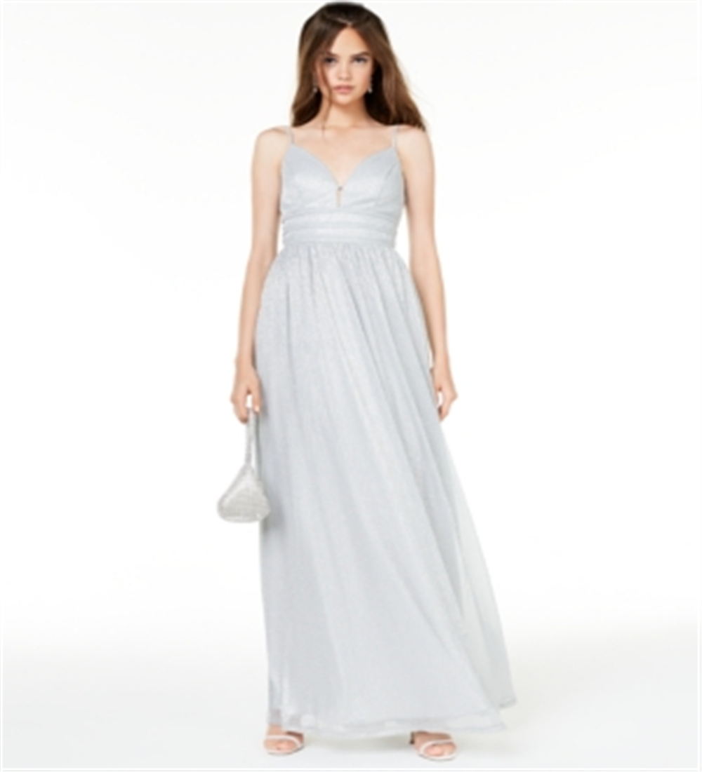 City Studios Juniors' Plunging Metallic Gown Silver Size 3