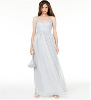 City Studios Juniors' Plunging Metallic Gown Silver Size 3