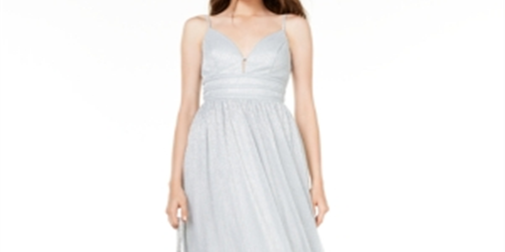 City Studios Juniors' Plunging Metallic Gown Silver Size 3