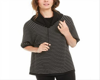 Anne Klein Women's Striped 3/4 Sleeve Cowl Neck Top Black Size XS