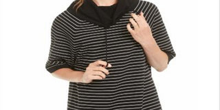 Anne Klein Women's Striped 3/4 Sleeve Cowl Neck Top Black Size XS
