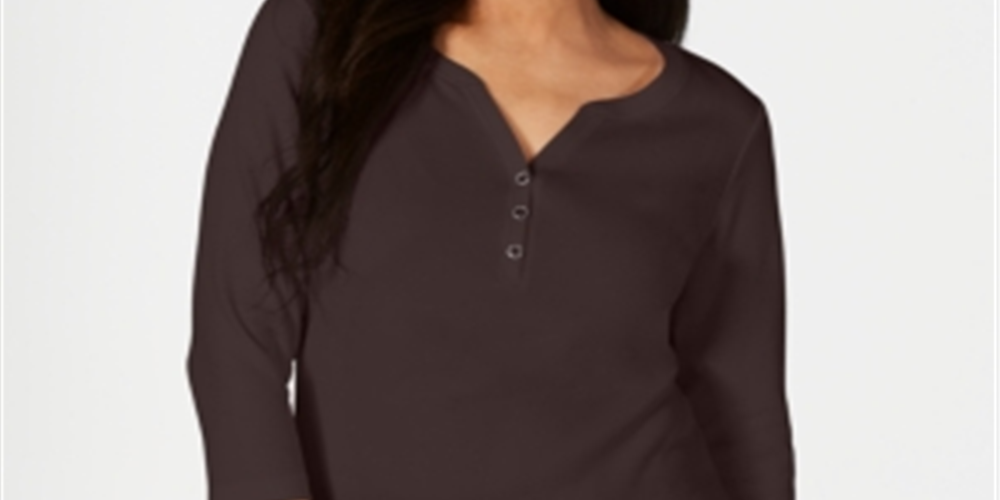 Karen Scott Women's Petite Cotton Henley Shirt  Chocolate  Size Petite M