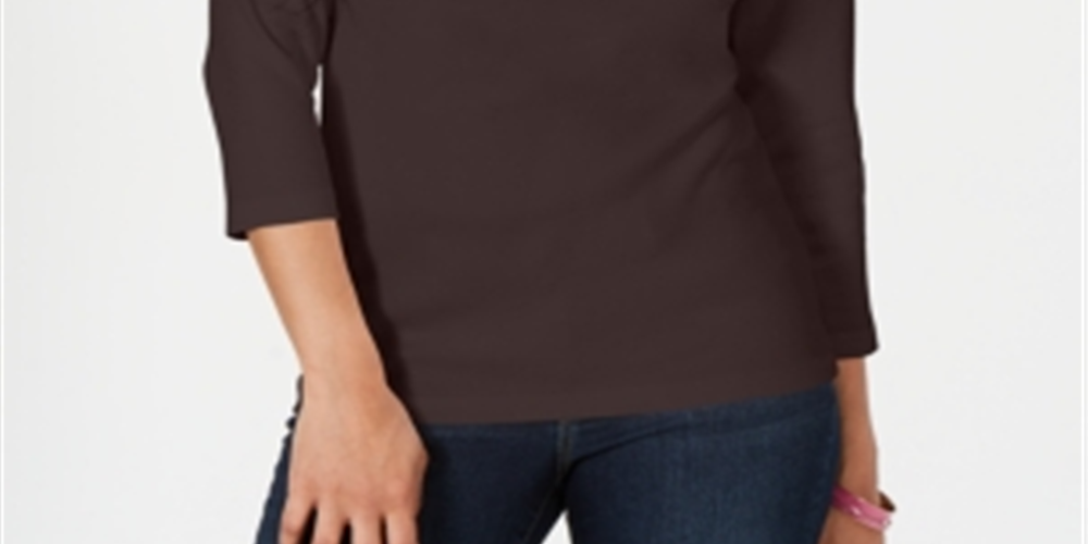 Karen Scott Women's Petite Cotton Henley Shirt  Chocolate  Size Petite M