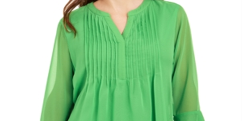 Charter Club Women's Double Ruffle Solid Pintuck Top  Green Size XS