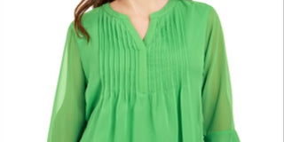 Charter Club Women's Double Ruffle Solid Pintuck Top  Green Size XS