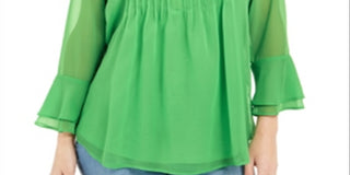 Charter Club Women's Double Ruffle Solid Pintuck Top  Green Size XS