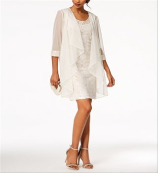 R&M Richards Women's Flyaway Jacket & Beaded Neck Dress Set  White Size 18