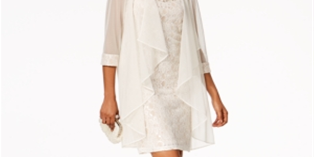 R&M Richards Women's Flyaway Jacket & Beaded Neck Dress Set  White Size 18