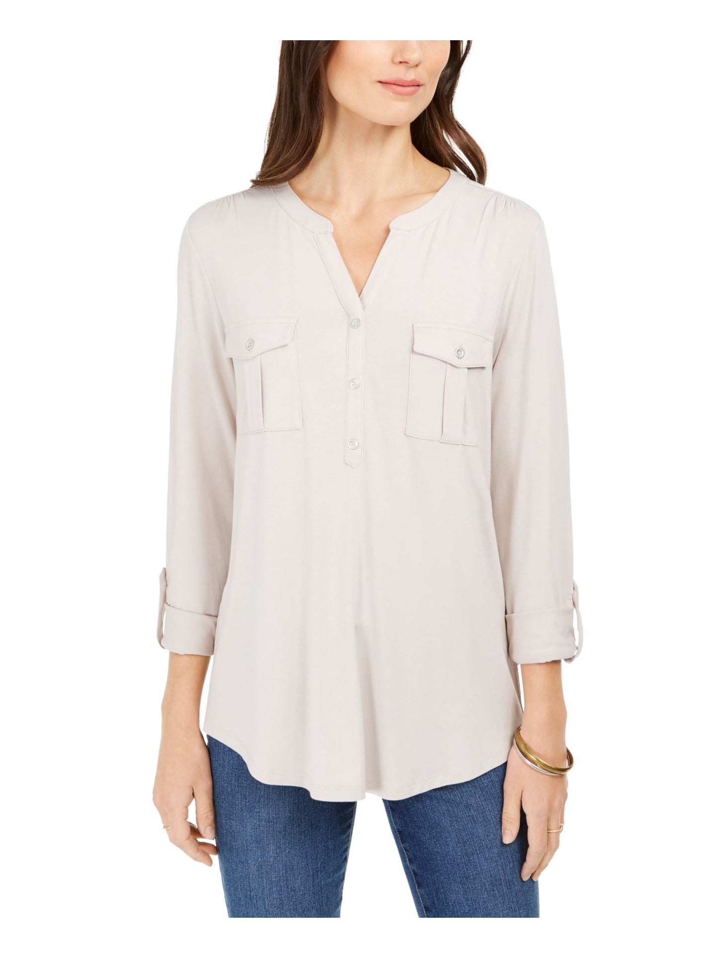 Style & CO Women's Cuffed with Buttons Button up Top Beige Heather  Size Petite XL