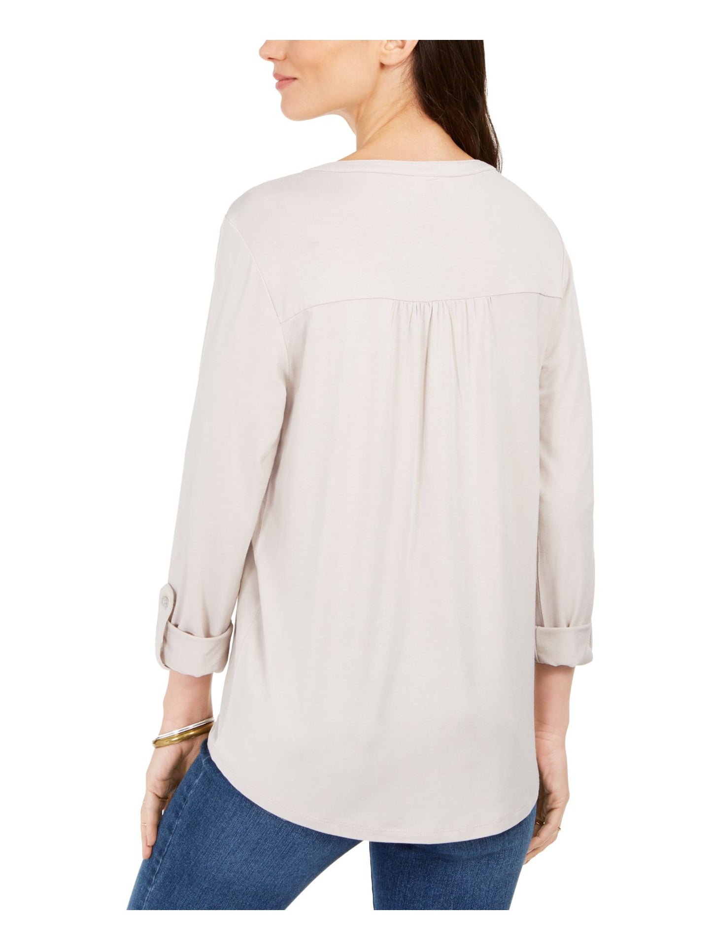 Style & CO Women's Cuffed with Buttons Button up Top Beige Heather  Size Petite XL
