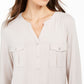 Style & CO Women's Cuffed with Buttons Button up Top Beige Heather  Size Petite XL