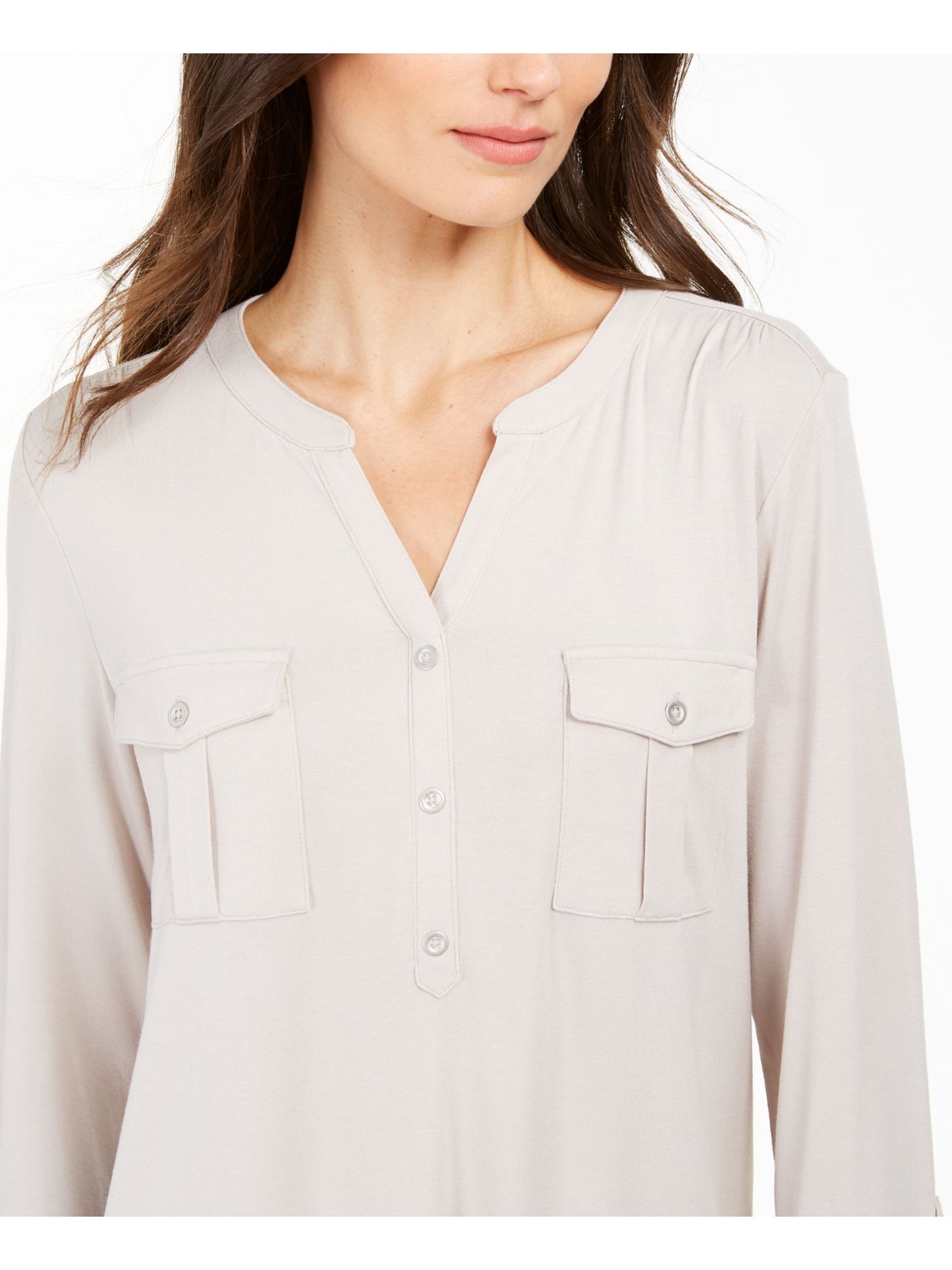 Style & CO Women's Cuffed with Buttons Button up Top Beige Heather  Size Petite XL